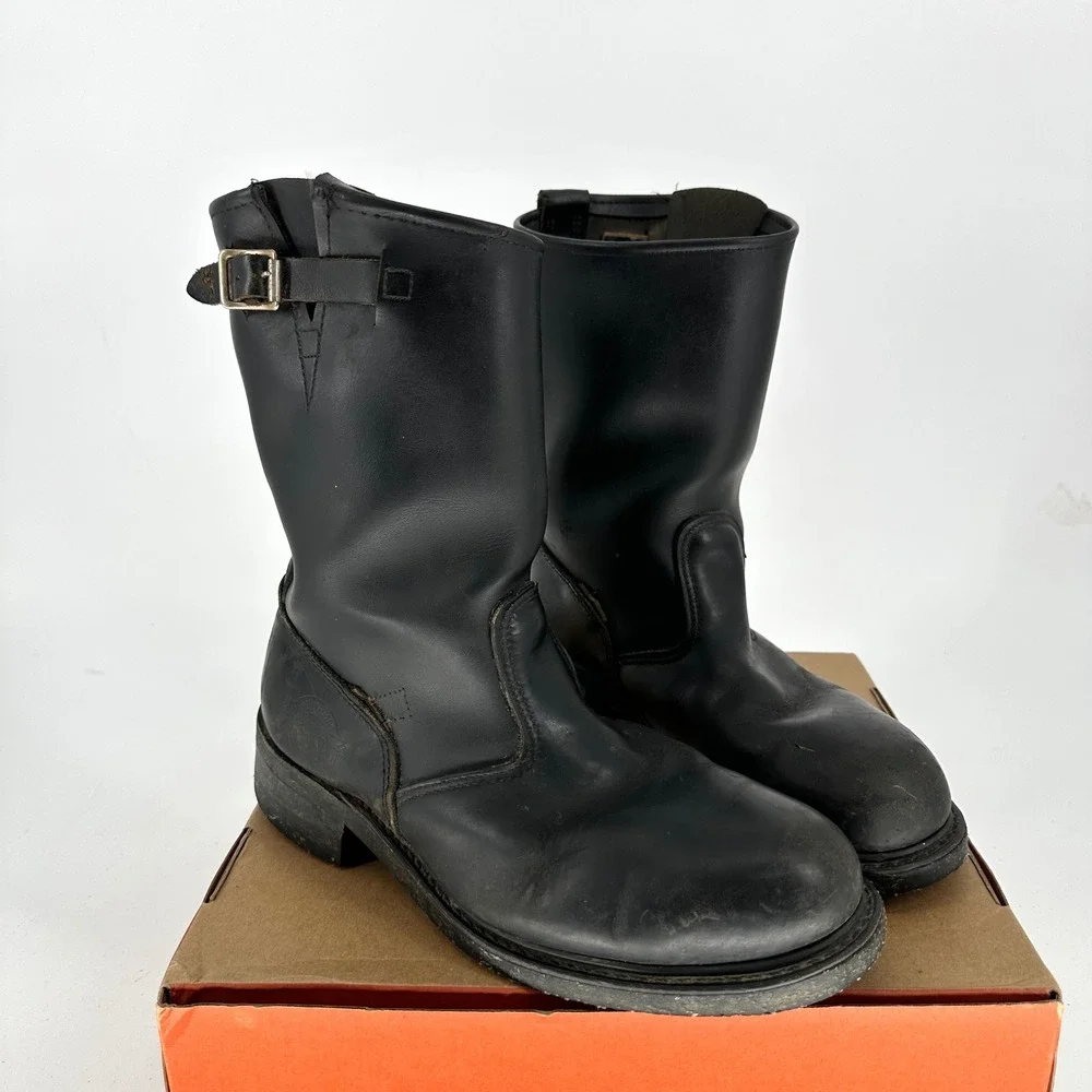 Vintage Brahma Steel Toe Engineer Black Leather Boots USA Corded Sole Men's 8.5